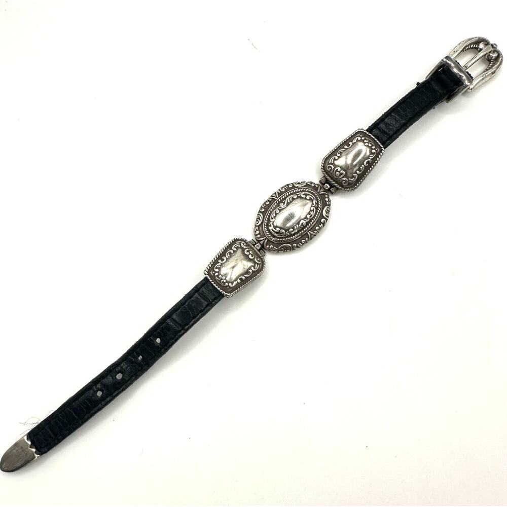 Vintage sterling silver black genuine leather Southwestern belt buckle bracelet
